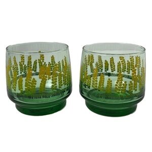 Vintage Dominion Glass (Set of Two) Green with Yellow Golden Wheat Sheaves